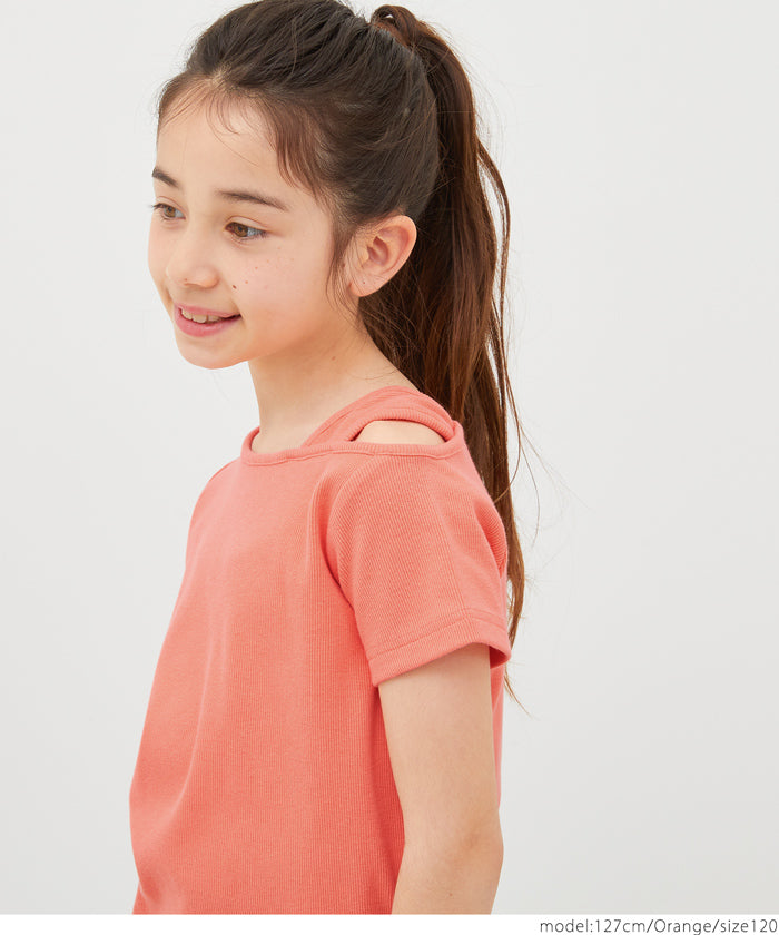 キッズ 110-140 Tシャツ リブ 肩出し アシンメトリー オープンショルダー 無地 半袖 女の子 キッズオリジナル 子供服 メール便可 coca コカ