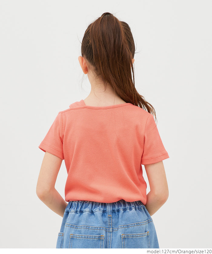 キッズ 110-140 Tシャツ リブ 肩出し アシンメトリー オープンショルダー 無地 半袖 女の子 キッズオリジナル 子供服 メール便可 coca コカ