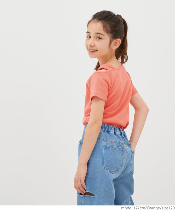 キッズ 110-140 Tシャツ リブ 肩出し アシンメトリー オープンショルダー 無地 半袖 女の子 キッズオリジナル 子供服 メール便可 coca コカ