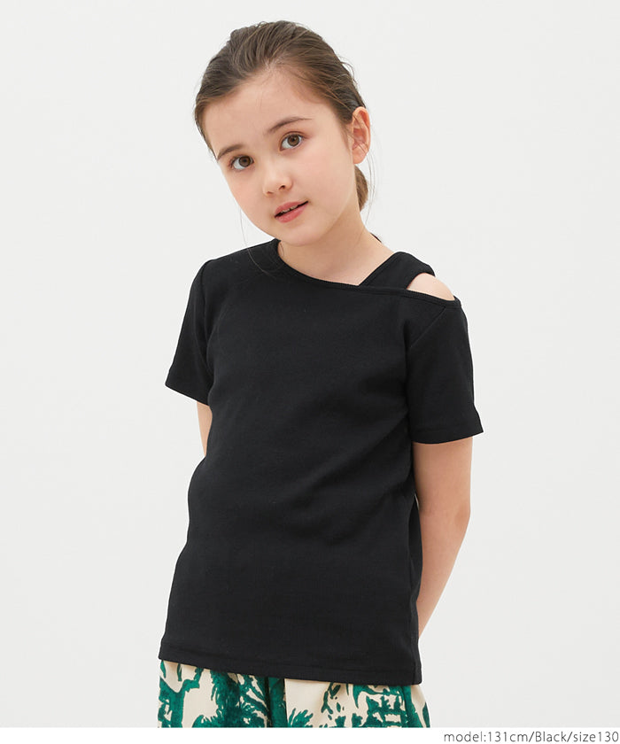 キッズ 110-140 Tシャツ リブ 肩出し アシンメトリー オープンショルダー 無地 半袖 女の子 キッズオリジナル 子供服 メール便可 coca コカ