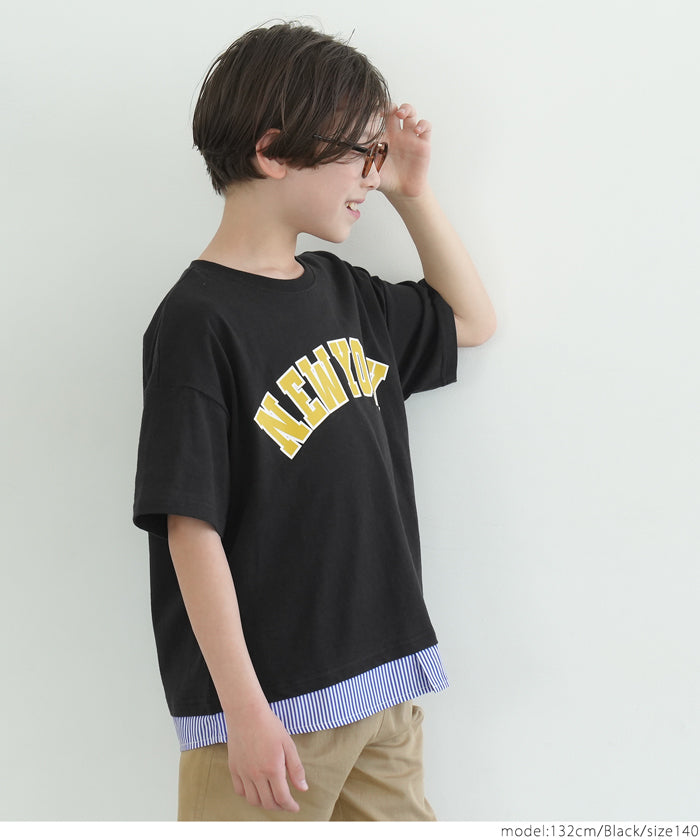 セール★990円→790円 キッズ 110-140 Tシャツ カレッジロゴ レイヤード ドッキング ストライプ 半袖 丸首 コットン 男の子 キッズオリジナル 子供服 メール便可 coca コカ