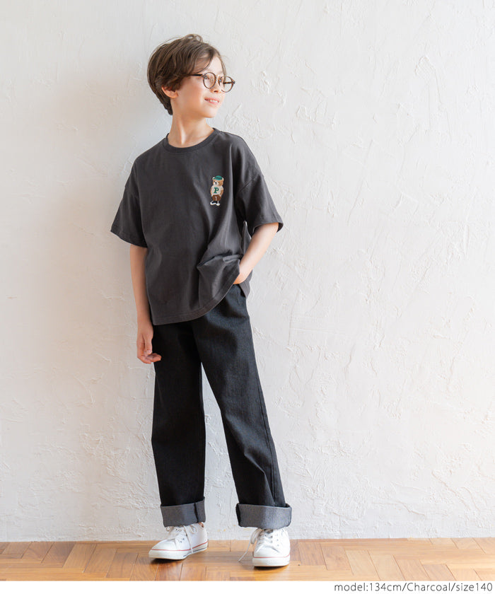 キッズ 120-150 Tシャツ 半袖 クマ 刺繍 ワンポイント オーバーサイズ クルーネック 伸縮性 薄手 男の子 キッズオリジナル 子供服 メール便可