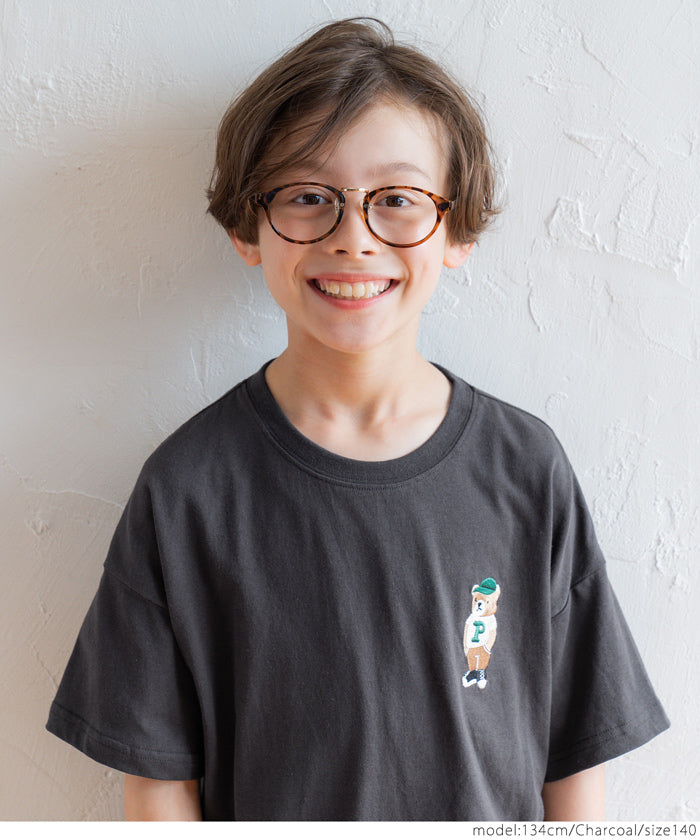 キッズ 120-150 Tシャツ 半袖 クマ 刺繍 ワンポイント オーバーサイズ クルーネック 伸縮性 薄手 男の子 キッズオリジナル 子供服 メール便可