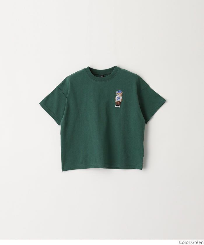 キッズ 120-150 Tシャツ 半袖 クマ 刺繍 ワンポイント オーバーサイズ クルーネック 伸縮性 薄手 男の子 キッズオリジナル 子供服 メール便可