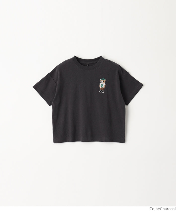 キッズ 120-150 Tシャツ 半袖 クマ 刺繍 ワンポイント オーバーサイズ クルーネック 伸縮性 薄手 男の子 キッズオリジナル 子供服 メール便可