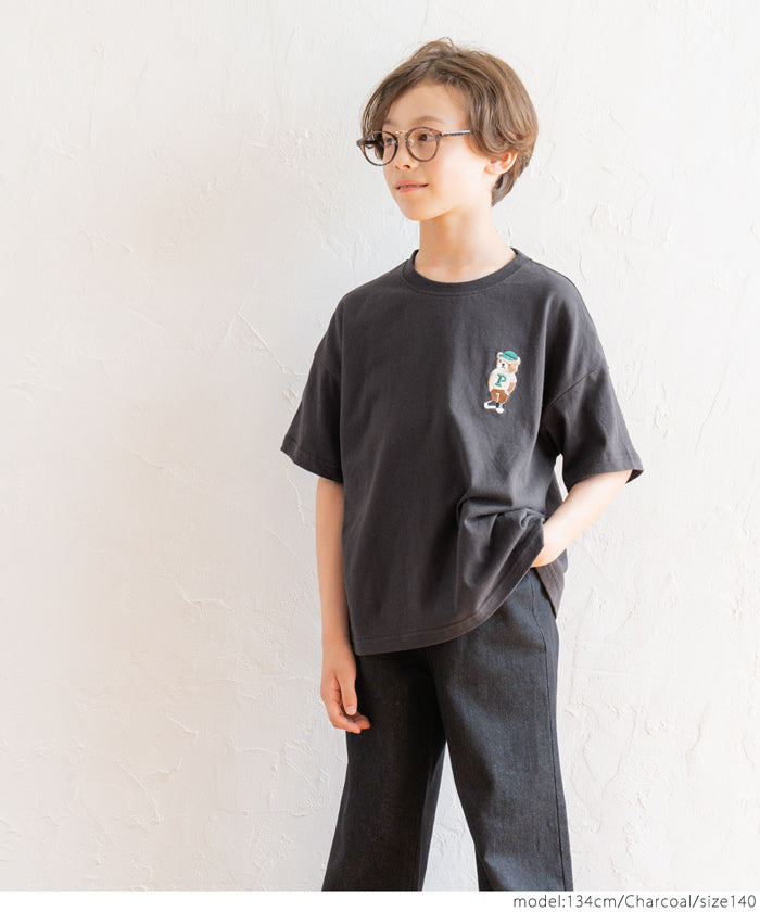 キッズ 120-150 Tシャツ 半袖 クマ 刺繍 ワンポイント オーバーサイズ クルーネック 伸縮性 薄手 男の子 キッズオリジナル 子供服 メール便可