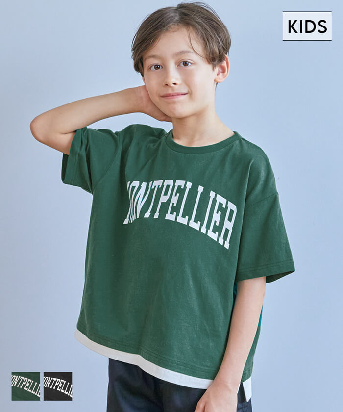 キッズ 120-150 Tシャツ カレッジロゴ レイヤード風 コットン クルー 