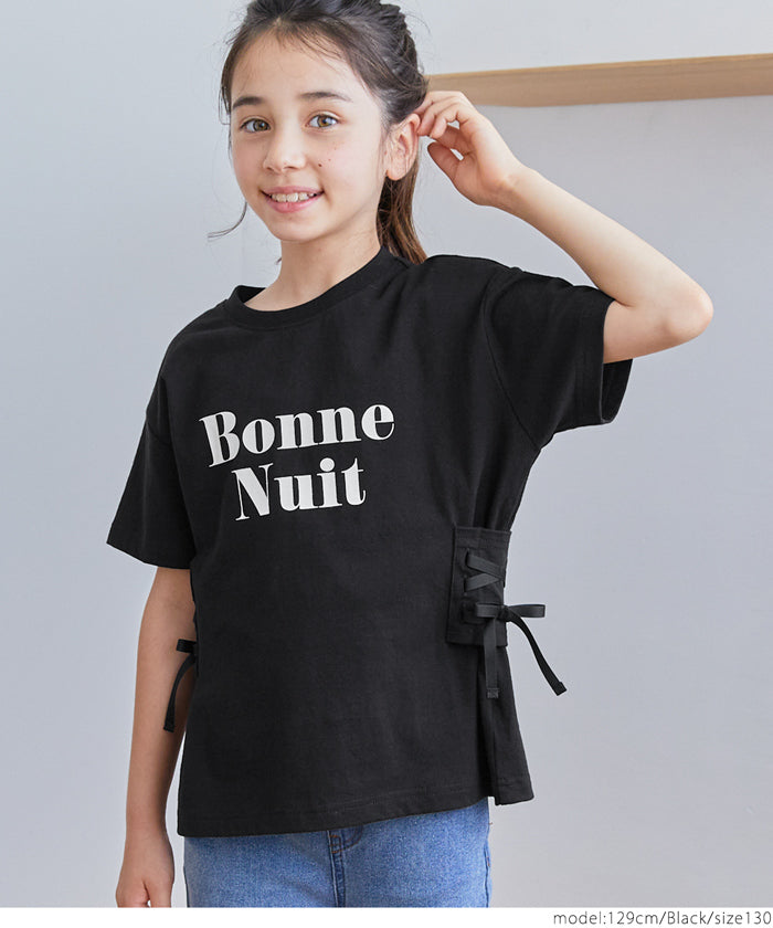 キッズ 120-150 Tシャツ レースアップ リボン ロゴ 英字 プリント クルーネック 薄手 半袖 女の子 キッズオリジナル 子供服 メール便可 coca コカ