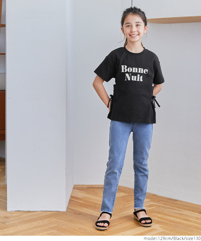 キッズ 120-150 Tシャツ レースアップ リボン ロゴ 英字 プリント クルーネック 薄手 半袖 女の子 キッズオリジナル 子供服 メール便可 coca コカ