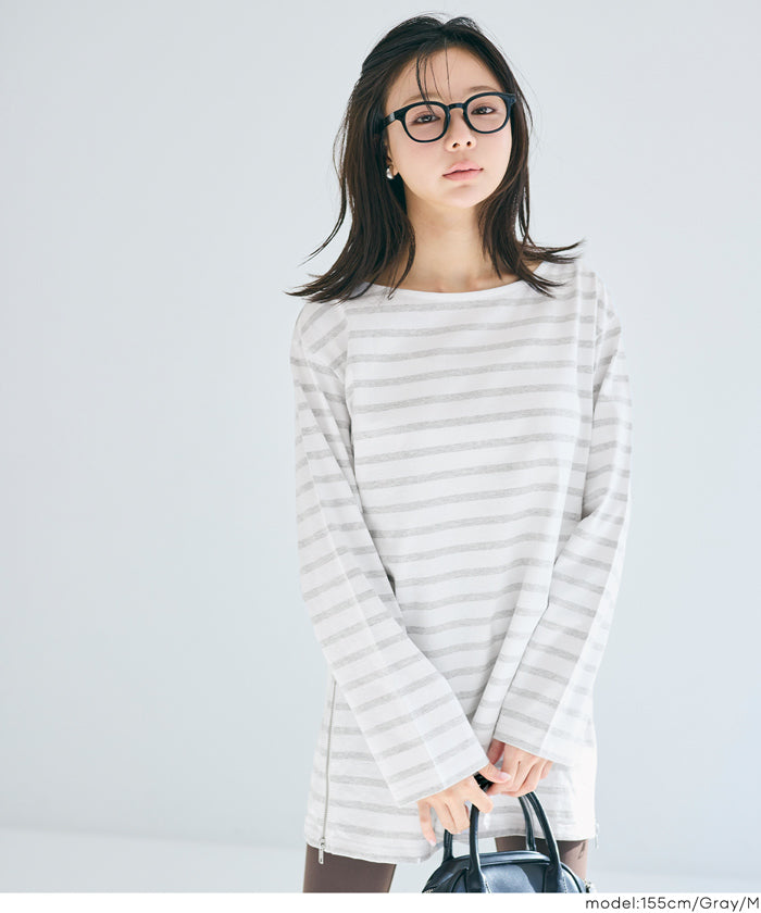 セール☆2490円→1490円 サイドジップ長袖ボーダープルオーバー