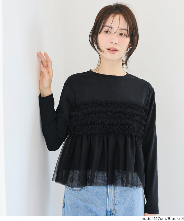 シルキータッチチュールドッキング長袖Tシャツ レディース メール便