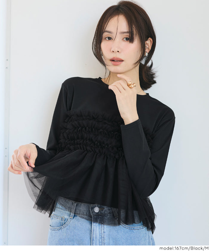 シルキータッチチュールドッキング長袖Tシャツ レディース メール便
