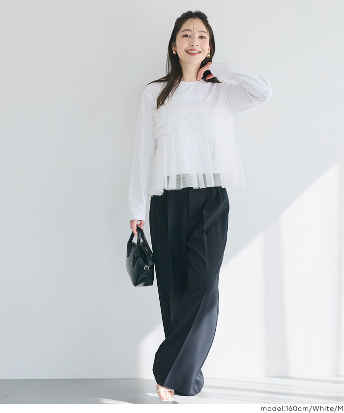 シルキータッチチュールドッキング長袖Tシャツ レディース メール便