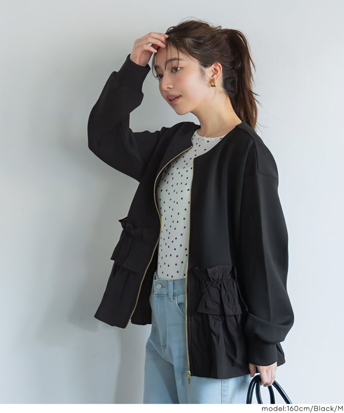 sacai✨バックフリル ジップアップパーカー 異素材 切替 人気モデル sacai シフォンドッキングバックフリルデザイン ジップパーカー