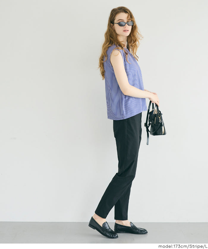 美品 ebure ストレッチラチネ ノースリーブ タック ブラウス 紺 店舗 