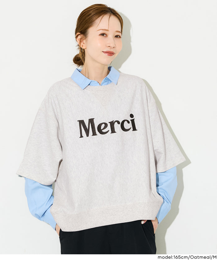 ミニ裏毛刺繍ロゴ5部丈ワイドスウェットTシャツ レディース メール便