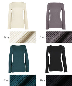 Knit Women's Boat Neck Lightweight Thin Ribbed Top Sweater Long Sleeve Plain Stretch Tight Soft Mail Delivery Available