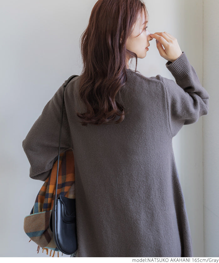 Sale ★ 3990 yen → 2490 yen One-piece ladies' knitted A-line one-piece long one-piece long-sleeved crew neck brushed long length No mail delivery 22aw coca coca