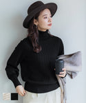 Knit Ladies Turtleneck Turtle Houndstooth High Neck Volume Sleeve Long Sleeve Medium Length Soft No Mail Delivery 22aw coca Coca