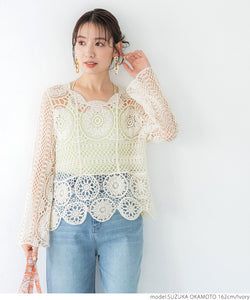 Cut and sew ladies crochet lace sheer flare sleeve crochet scalloped round neck layered long sleeves mail delivery available 23ss coca