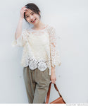 Crochet Tops Ladies' Crochet Crochet Layered Scalloped Lace Sheer Flare Sleeve Round Neck No Mail Delivery 23ss coca coca