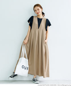One-piece women's front and rear 2-way waist pleat V-neck crew neck flare jumper skirt solid color no mail delivery 23ss coca coca