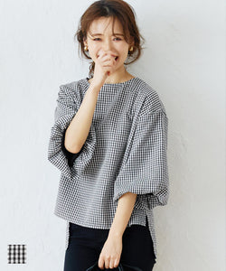 No mail delivery blouse ladies gingham check balloon sleeve back button side slit boat neck 22ss coca coca