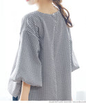 No mail delivery blouse ladies gingham check balloon sleeve back button side slit boat neck 22ss coca coca