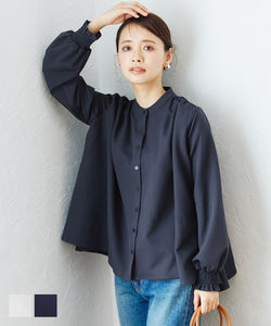 [No mail delivery] Gathered Blouse Band Collar Women's A-Line Thick Open Front No Collar Balloon Sleeve Volume Sleeve