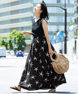 [No mail delivery] Gathered skirt ladies starfish long length pocket waist rubber flare thin simple 22ss coca coca